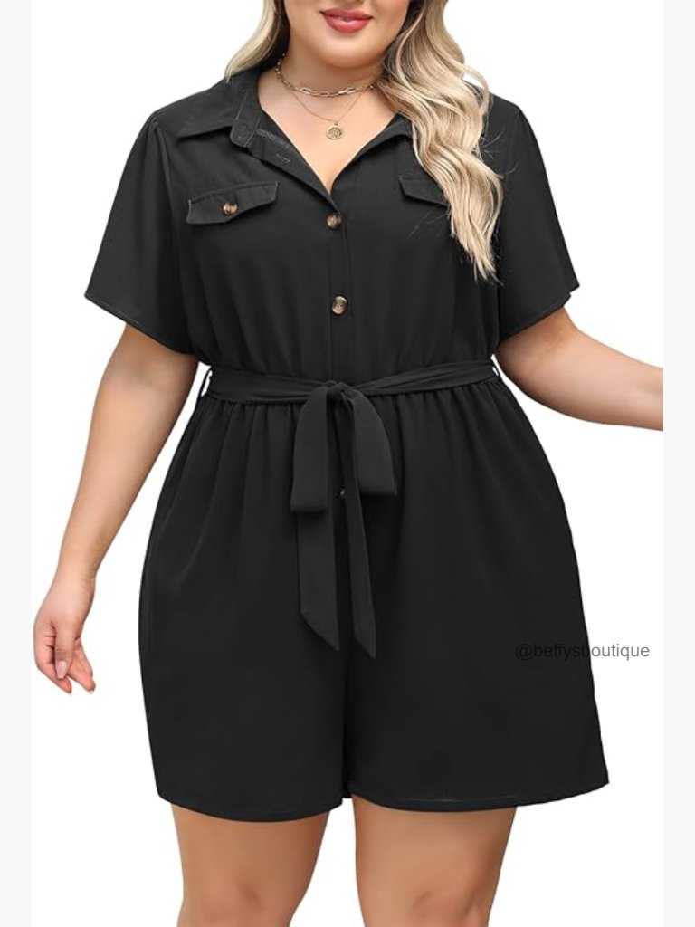 Plus Size Romper Jumpsuit With Belt Short Sleeve Polo Neck Side Pockets